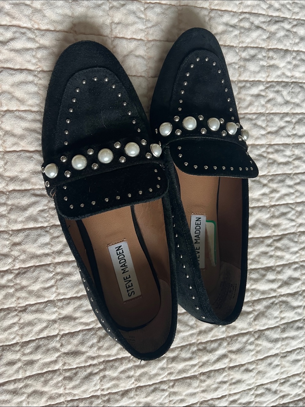 Steve Madden Black Suede Pearl-Studded Loafers